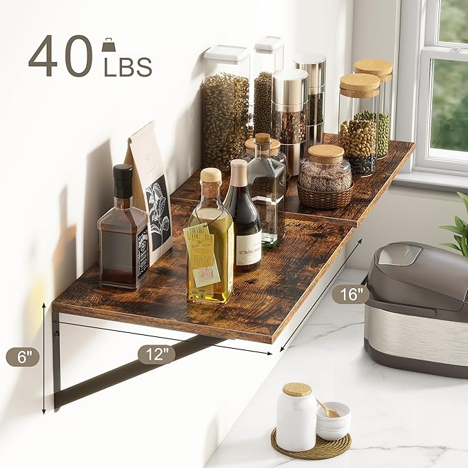 Deep Floating Shelves for Wall, 12 Inch Deep Floating Shelves Set of 2, 16"W x 12"D Wall Shelf, Wide Display Ledges Shelves for Bedroom, Bathroom, 12 Deep Bookshelf Wall Mounted - Rustic Brown