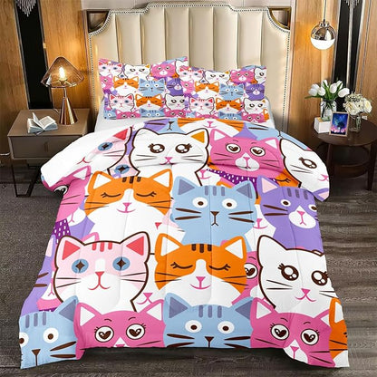 Cat Full Comforter Set for Bedroom - 3Pcs Colorful Cat Comforter Set for Teens Kids Cute Cartoon Cat Bedding Set Ultra Soft Warm Lightweight Kawaii Animal Patterns Comforter with 2 Pillowcases