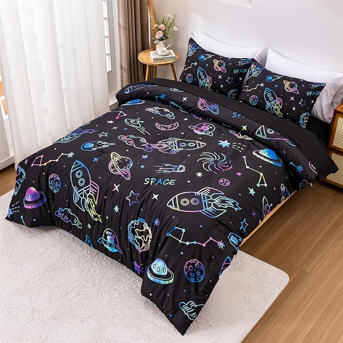 Aimuan Space Comforter Twin Set Kids Rocket Bedding Set Super Soft & Cute Aliens UFO Printed for Boys Girls Teen (Black, Full 5Pcs)