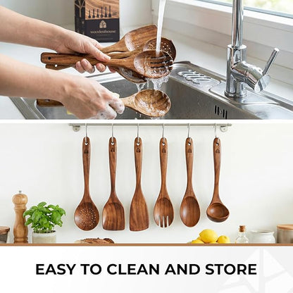 Wooden Spoons for Cooking – 6 Pcs Premium Teak Wooden Utensil Set | Durable, Nonstick Safe, Heat Resistant & Easy to Clean with Ergonomic Handles
