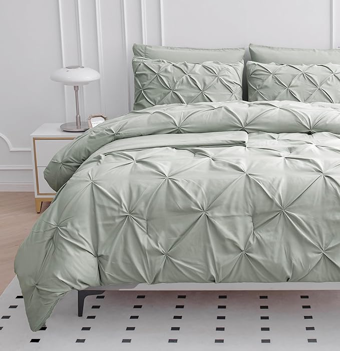 LANE LINEN King Size Comforter Set, 7 Piece Bed in a Bag King Size Set, Pintuck King Bed Set, Soft King Bedding Set, Pinch Pleated King Size Comforter Set with Sheets, Pillowcases & Shams - Mineral
