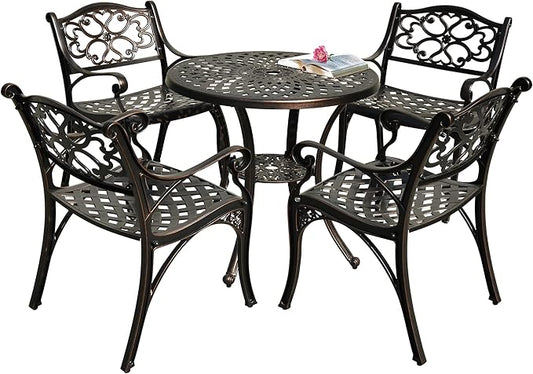 DWVO 5 Piece Outdoor Furniture Cast Aluminum Patio Dining Sets, All-Weather Patio Bistro Sets with 4 Chairs, 30 Inches Round Table with Umbrella Hole, Adjustable Feet for Balcony Backyard Deck Garden