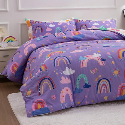 Btargot Lightweight Soft 3 Piece Rainbow Comforter Set with 2 Pillow Covers, Cartoon Love Hearts Flowers and Sun Star Bedding Set for Girls Boys Kids, Twin Dark Purple