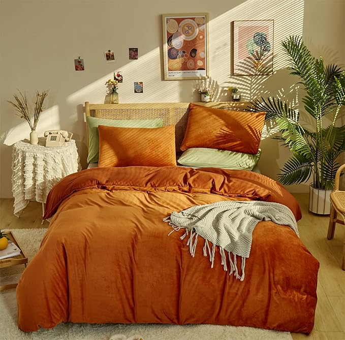 Burnt Orange Color Velvet Comforter Set Twin Solid Rust Color Flannel Velvet Bedding Comforter Set All Caramel Colour 3 PCs Shaggy Soft Warm and Durable Flannel Blanket Twin