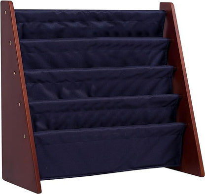 Wildkin Kids Canvas Sling Bookshelf for Boys and Girls, Wooden Design Features Four Fabric Shelves, Keep Bedrooms, Playrooms, and Classrooms Organized, Measures 25 x 24 x 11 Inches (Cherry w/ Blue)