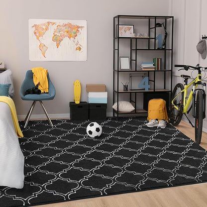 Chicrug Shag Geometric 7x10 Area Rug for Living Room, Large Modern Memory Foam Indoor Carpet, Fluffy Rug for Bedroom Bedside Room Decor for Family Girls Kids Nursery, Black/White
