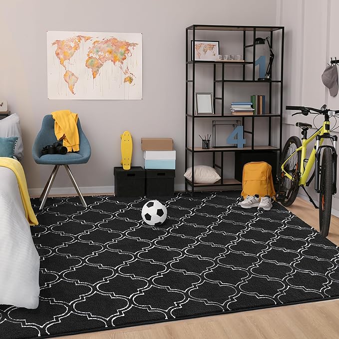 Chicrug Shag Geometric 4x6 Area Rug for Living Room, Large Modern Memory Foam Indoor Carpet, Fluffy Rug for Bedroom Bedside Room Decor for Family Girls Kids Nursery, Black/White