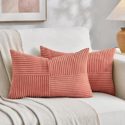 Fancy Homi 2 Packs Coral Long Lumbar Decorative Throw Pillow Covers 16x24 Inch for Couch Bed Sofa, Rustic Farmhouse Boho Home Decor, Soft Striped Corduroy Rectangle Accent Peach Cushion Case 40x60 cm
