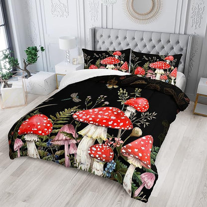 Red Mushroom Kawaii Comforter Set Twin Size Kids Mushroom Dragonfly Bedding Set Botanical Plant Theme Print Quilt Bed Set for Boys Girls Adults with 1 Comforter and 2 Pillowcases