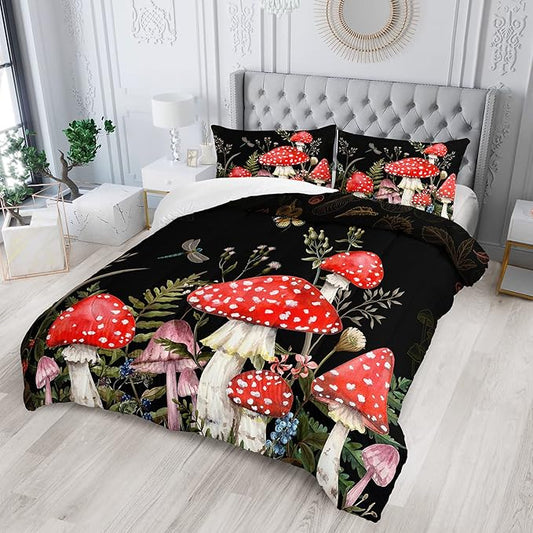 Red Mushroom Kawaii Comforter Set Twin Size Kids Mushroom Dragonfly Bedding Set Botanical Plant Theme Print Quilt Bed Set for Boys Girls Adults with 1 Comforter and 2 Pillowcases