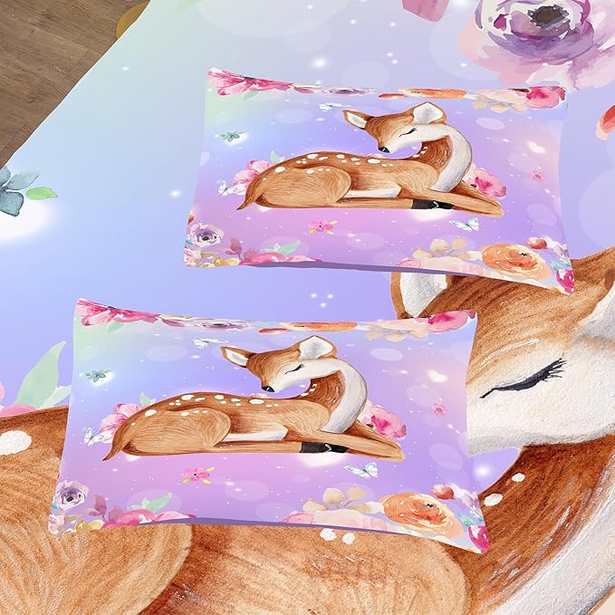 NINENINE Cute Deer Bedding for Girls Kawaii Deer Comforter Sets for Girls,Pink Deer Bedding Twin Bedding Set for Kids Girls,Watercolor Wildlife Comforter with 1 Comforter 1 Pillowcase…