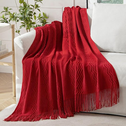 MIULEE Red Knitted Throw Blanket for Couch Boho Textured Cozy Woven Blanket with Tassels for Sofa Chair Bed Living Room Acrylic Wave Pattern 60"x80"