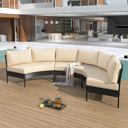 Merax Patio Furniture Sets Outdoor, All Weather Half-Moon Sectional PE Rattan Sofa with Cushions, Beige