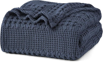 PHF 100% Cotton Waffle Weave Blanket King Size, Soft Lightweight Breathable Cozy Summer Blankets for Bed, Luxury Aesthetic Woven Bedding for Home Decor, 108"x90", Dark Navy