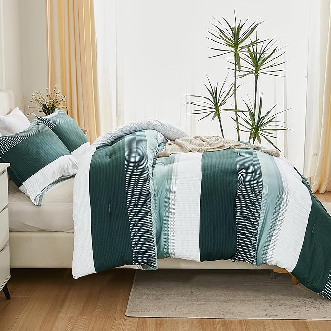 Litanika Dark Emerald Green California King Comforter Set - 3 Pieces Cal King Oversized Lightweight Summer Colorblock Stripe Bedding Set (104x96In, 2 Pillowcases)
