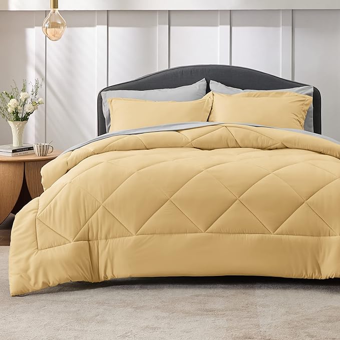 Bedsure Yellow Queen Comforter Set - 7 Pieces Reversible Queen Bed in a Bag Queen Bed Set with Comforters, Sheets, Pillowcases & Shams, Queen Bedding Sets