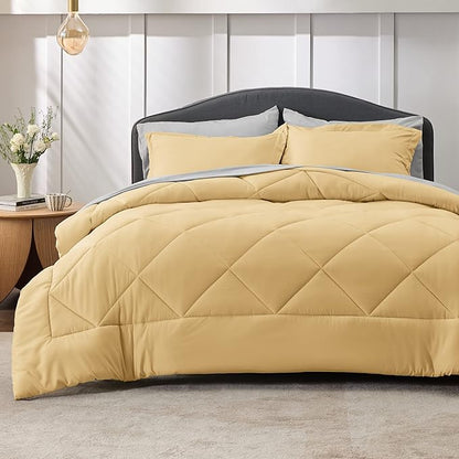 Bedsure Yellow Queen Comforter Set - 7 Pieces Reversible Queen Bed in a Bag Queen Bed Set with Comforters, Sheets, Pillowcases & Shams, Queen Bedding Sets