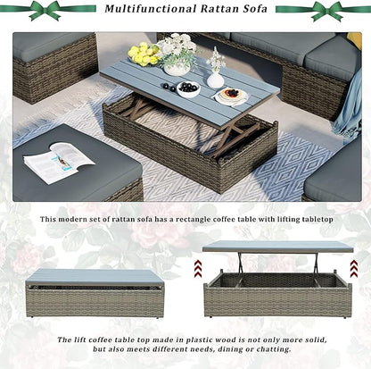5 Pieces Patio Furniture Sets All Weather Wicker Rattan Sectional Sofa Outdoor Conversation with Adustable Backrest, Cushions, Ottomans and Lift Top Coffee Table for Poolside, Garden, Backyard