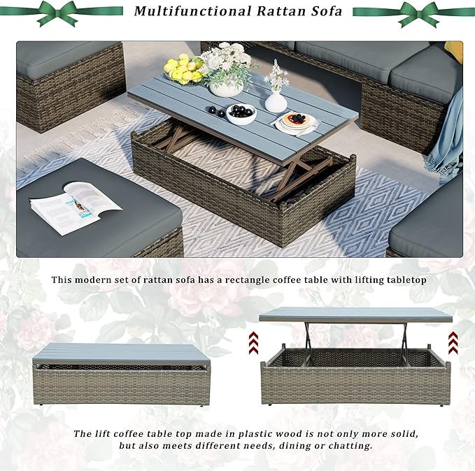 5-Piece Patio Furniture Sets Wicker Outdoor Sofa Couch with Adustable Backrest, Ottomans and Lift Top Coffee Table, Onesize, Gray