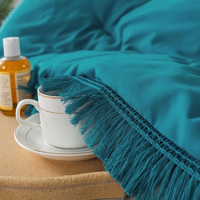 Andency Turquoise Comforter Set Full Size, 3 Pieces Boho Teal Tassel Lightweight Bedding Comforter Sets, Teal Blue All Season Soft Fluffy Fringe Bed Set (79x90In Comforter & 2 Pillowcases)