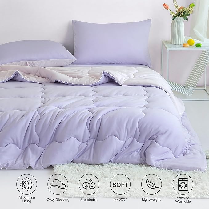 COTTEBED Reversible Ultra-Soft Light Pink and Purple Comforter Set Queen Full Size, Jersey Knit T-Shirt Feel Cute Fluffy Lightweight Bedding Down Blanket Quilt Pillowcase for Man Women Girl All Season