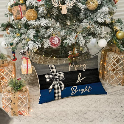AVOIN colorlife Merry Christmas Joy Xmas Trees Blue and Black Throw Pillow Covers, 12 x 20 Inch Christmas Winter Holiday Cushion Case Decoration for Sofa Couch Set of 4
