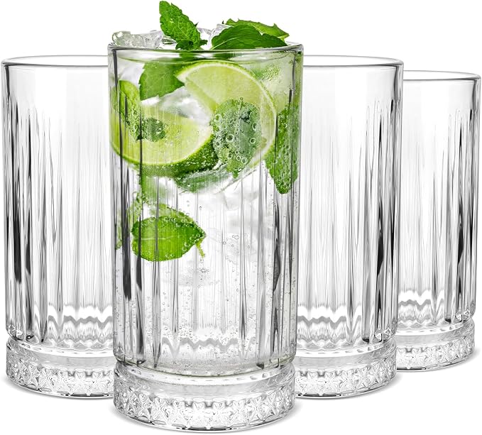 Highball Glasses Set of 4, 16oz Tall Drinking Glasses, Lead-free Crystal Water Glassware for Juice, Cocktails, Iced Tea