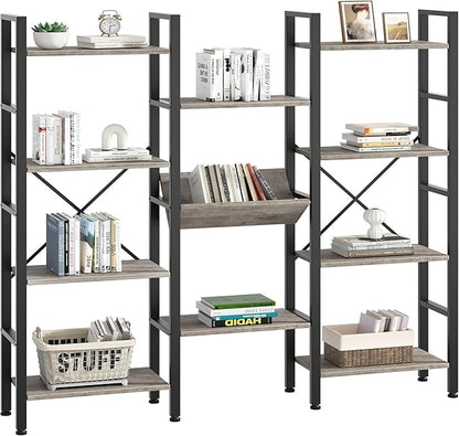 Shintenchi Industrial Bookcase,71.6” Triple 4 Tier Bookshelf with 11 Open Display Shelves,Large Etagere Bookshelf Open Record Player Shelves,Wide Book Shelf Book Case for Home & Office, Grey