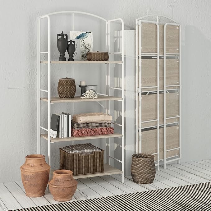 No Assembly Folding Bookshelf, Metal Book Shelf for Storage, Folding Bookcase for Office Organization and Storage (White, 4 Tiers)