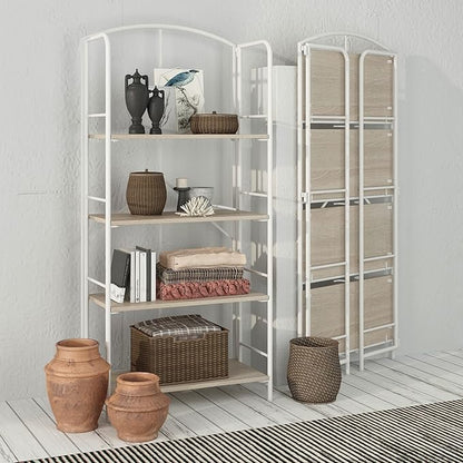 No Assembly Folding Bookshelf, Metal Book Shelf for Storage, Folding Bookcase for Office Organization and Storage (White, 4 Tiers)
