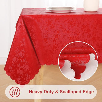Smiry Rectangle Waterproof Heavy Duty Vinyl Tablecloths, 60 x 84 Inch | Wipeable Washable Floral Embossed Table Cover for Kitchen and Dining Room, Indoor & Outdoor Use, Red