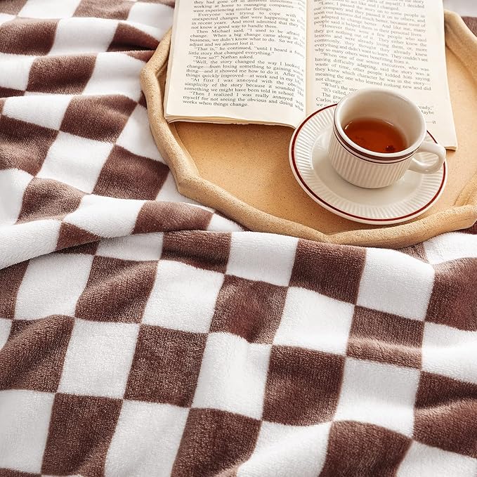 LOMAO Throw Blankets Flannel Blanket with Checkerboard Grid Pattern Soft Throw Blanket for Couch, Bed, Sofa Luxurious Warm and Cozy for All Seasons (Coffee, 50"x60")