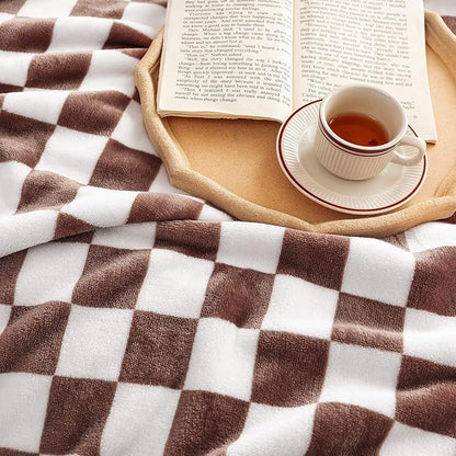 LOMAO Throw Blankets Flannel Blanket with Checkerboard Grid Pattern Soft Throw Blanket for Couch, Bed, Sofa Luxurious Warm and Cozy for All Seasons (Coffee, 50"x60")