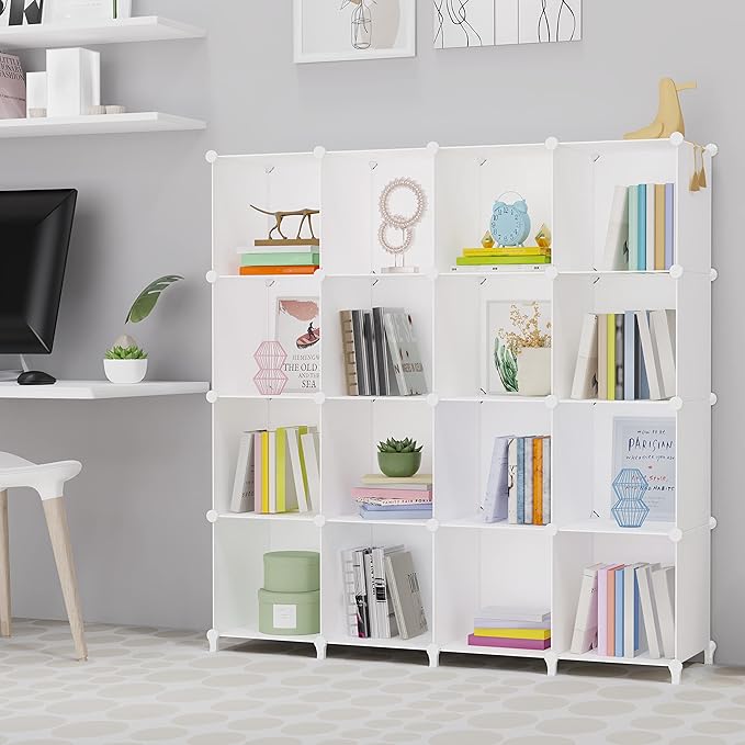HOMIDEC Book Shelf 16 Cubes Bookcase Bookshelf Cube Storage Organizer Portable Display Bookshelf Kids Bookshelf Book Case for Study Room,Bedroom,Office,Living Room,Closet (47.2x11.8x47.2 inch)