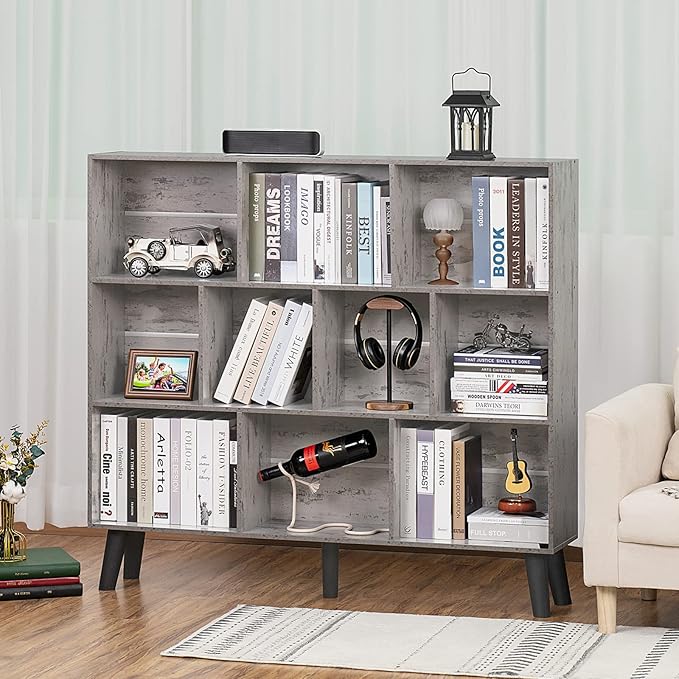 LEYAOYAO 10 Cube Bookshelf,3 Tier Modern Wide Bookcase with Legs,Mid-Century Wood Bookshelves Storage，Retro Grey Large Book Case,Freestanding Organizer Display Shelf for Bedroom,Living Room,Office