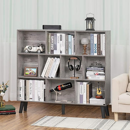 LEYAOYAO 10 Cube Bookshelf,3 Tier Modern Wide Bookcase with Legs,Mid-Century Wood Bookshelves Storage，Retro Grey Large Book Case,Freestanding Organizer Display Shelf for Bedroom,Living Room,Office