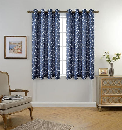 MIUCO Floral Embroidery Semi Sheer Curtains Faux Linen Grommet Window Curtains for Living Room 52 x 63 Inch 2 Panels, Navy Blue