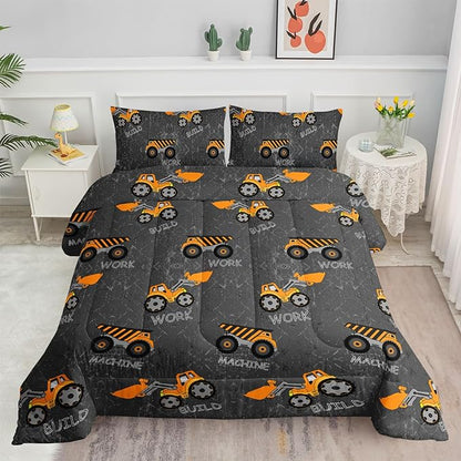 Datura home Construction Truck Comforter Set for Boys Kids Children,Machinery Excavators Vehicles Tractor Bedding Set with 1 Comforter and 2 Pillowcases(Brown Truck Full), Full 80x90inches