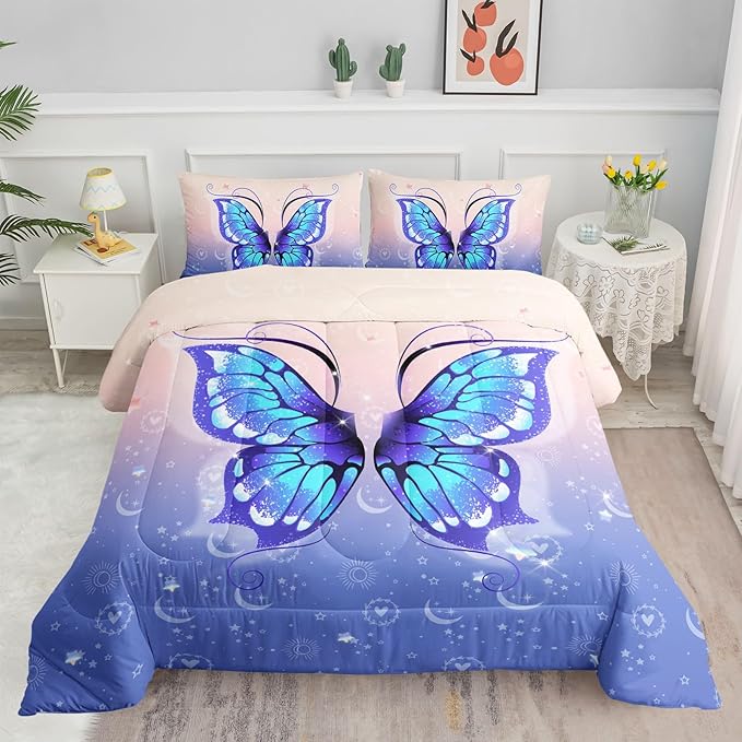 Datura home Bedding Comforter Set Pink Purple Butterfly Printed Pattern Quilt with 1 and 2 Pillowcases for Girls Bedroom All Season(Butterfly Twin) Twin 68x86inches