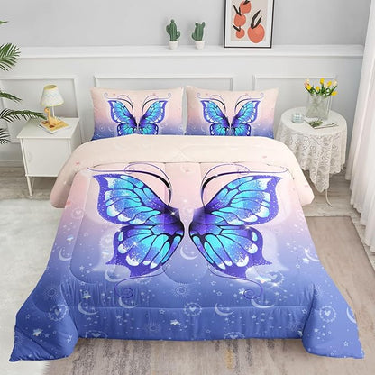 Datura home Bedding Comforter Set Pink Purple Butterfly Printed Pattern Quilt with 1 and 2 Pillowcases for Girls Bedroom All Season(Butterfly Twin) Twin 68x86inches