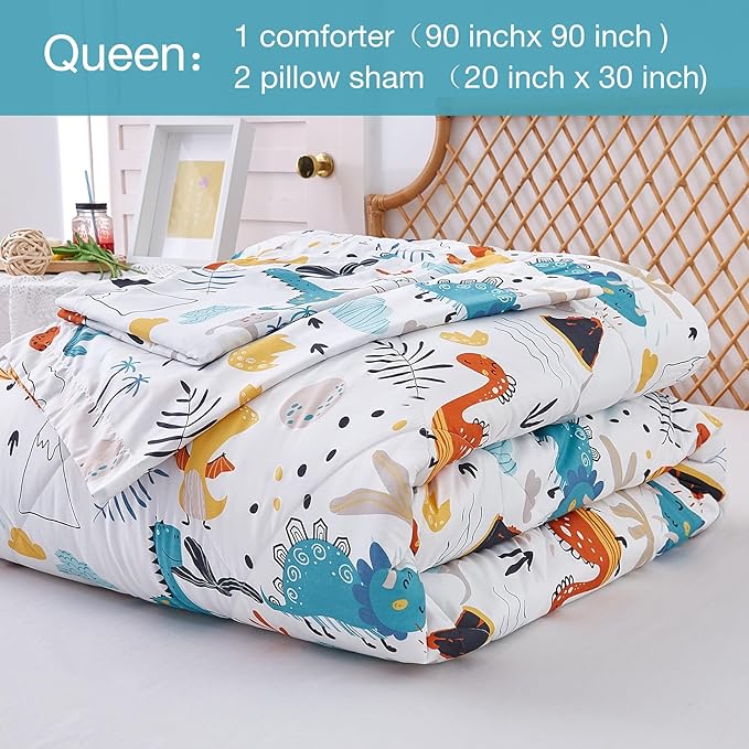JSD Dinosaur Kids Comforter Set for Boys Girls, 3 Pieces Queen Microfiber Comforter with Pillow Sham, Soft Comfortable Machine Washable