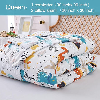 JSD Dinosaur Kids Comforter Set for Boys Girls, 3 Pieces Queen Microfiber Comforter with Pillow Sham, Soft Comfortable Machine Washable