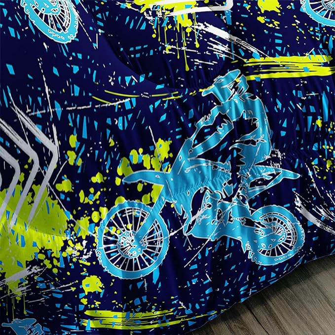 Axolotl Boys Dirt Bike Bedding Set Full,Dirt Bike Comforter Set,Extreme Sports Tie Dye Bedding Set Motor Biker,Motocross Rider Comforter Set for Boys Kids Teens Men,1 Quilt 2 Pillowcases,Blue Green