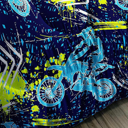 Axolotl Boys Dirt Bike Bedding Set Full,Dirt Bike Comforter Set,Extreme Sports Tie Dye Bedding Set Motor Biker,Motocross Rider Comforter Set for Boys Kids Teens Men,1 Quilt 2 Pillowcases,Blue Green