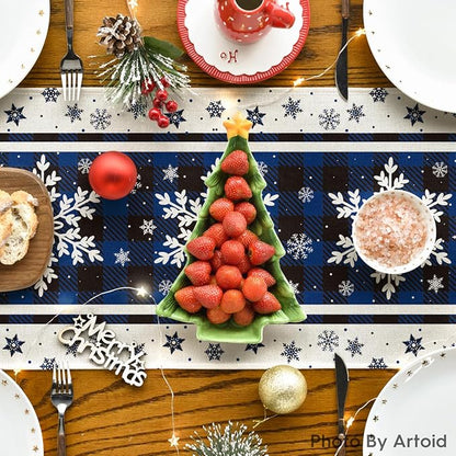 Artoid Mode Buffalo Plaid Snowflakes Blue Christmas Table Runner, Seasonal Winter Kitchen Dining Table Decoration for Home Party Decor 13x108 Inch