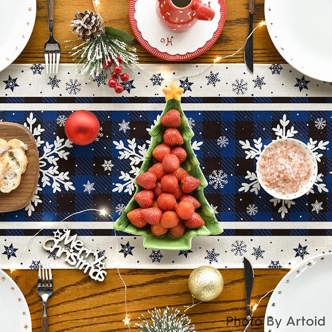Artoid Mode Buffalo Plaid Snowflakes Blue Christmas Table Runner, Seasonal Winter Kitchen Dining Table Decoration for Home Party Decor 13x48 Inch