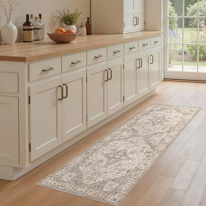 Washable 2x6 Runner Rug - Area Rugs Neutral Vintage Distressed Floral Farmhouse Boho Large Soft Floor Rug Indoor Carpet for Hallway Entryway Bedroom Kitchen - Brown/Multi