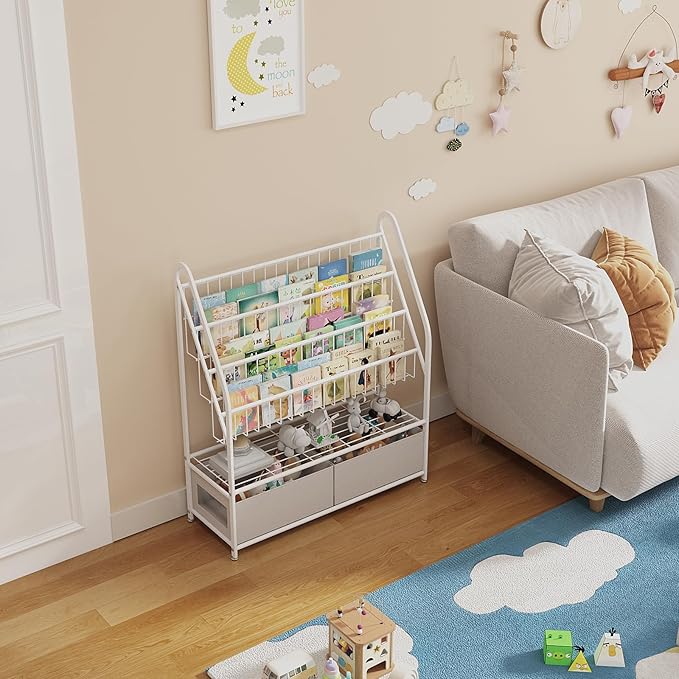 Large Kids Bookshelf With 2 Storage Box, 5 Tier Metal Kids Bookcases Children's Toy Storage Rack, Book Unit Storage Shelf for Playroom Bedroom Study Room, Idea Gifts for Boys and Girls KDSJ2305-White