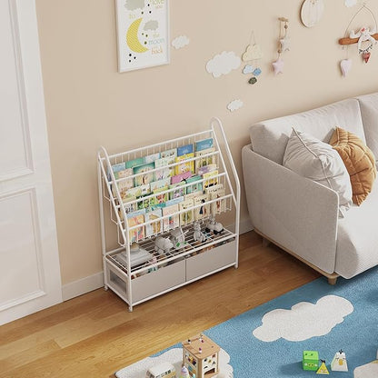 Large Kids Bookshelf With 2 Storage Box, 5 Tier Metal Kids Bookcases Children's Toy Storage Rack, Book Unit Storage Shelf for Playroom Bedroom Study Room, Idea Gifts for Boys and Girls KDSJ2305-White