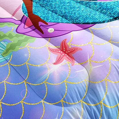Datura home Bedding Comforter Set Black Girl Magic Mermaid Printed Pattern Quilt with 1 and 2 Pillowcases for Girls Bedroom All Season(Black Blue Twin) Twin 68x86inches